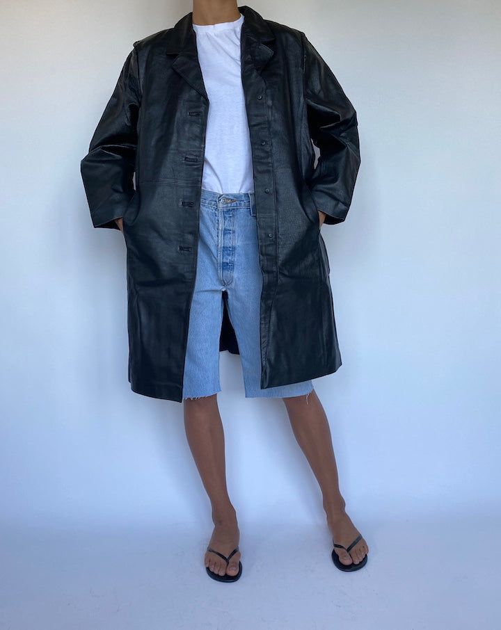 VINTAGE LONG BLACK LEATHER JACKET 906-2