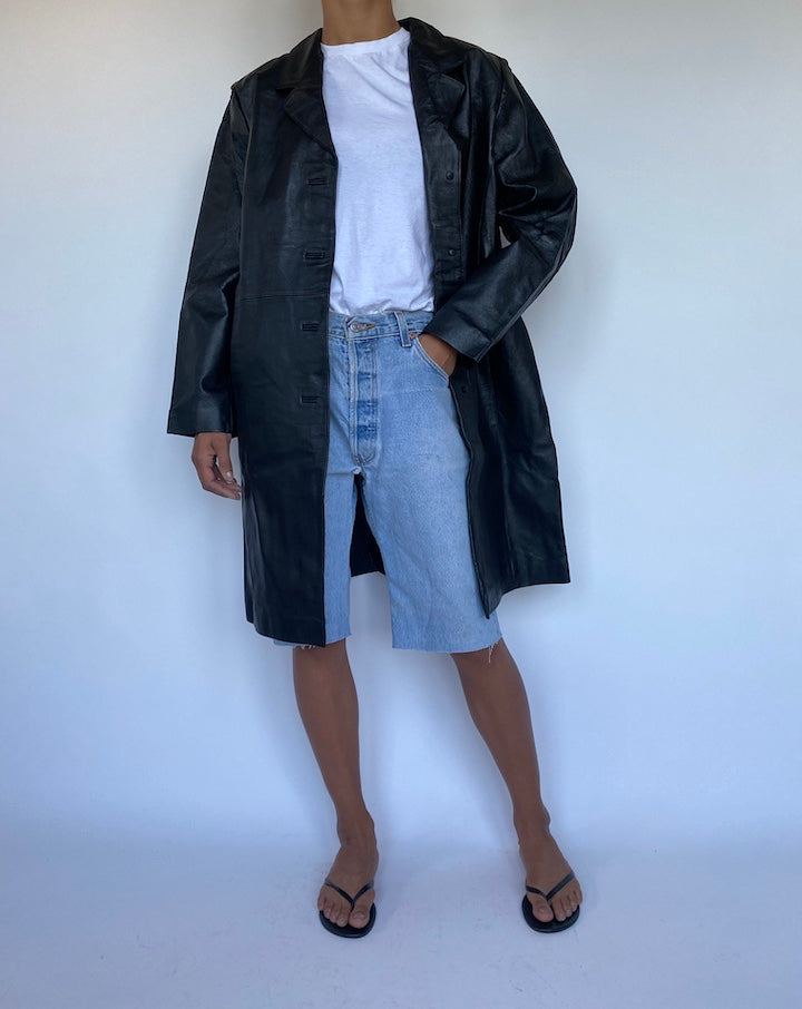 VINTAGE LONG BLACK LEATHER JACKET 906