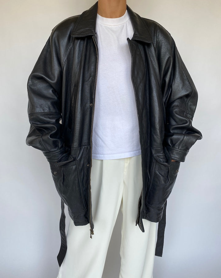 VINTAGE OVERSIZED BLACK TRENCH LEATHER JACKET 401-2