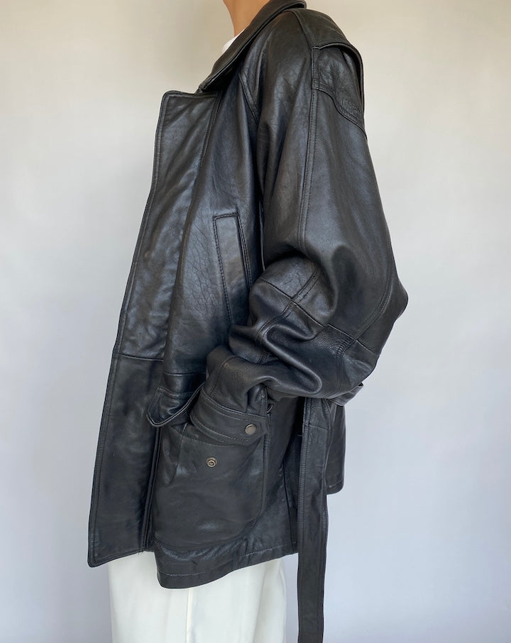 VINTAGE OVERSIZED BLACK TRENCH LEATHER JACKET 401