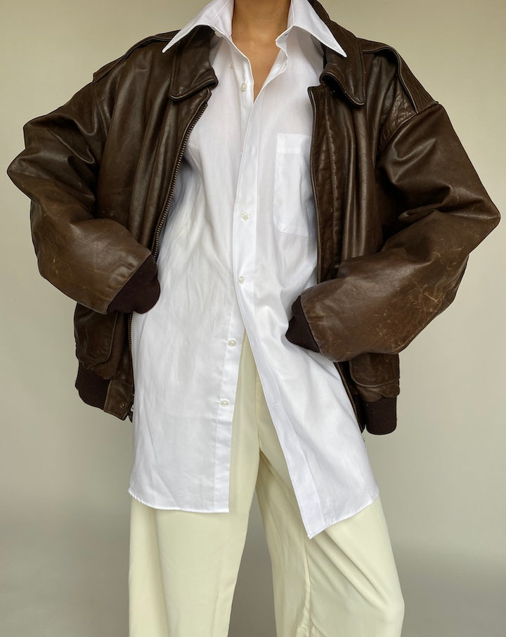 VINTAGE OVERSIZED BOXY BROWN LEATHER JACKET 634-7