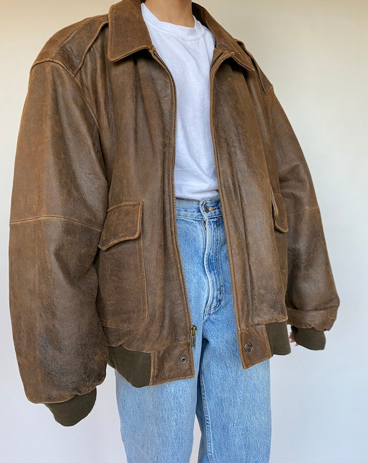 VINTAGE OVERSIZED BROWN BOXY LEATHER JACKET 535-2