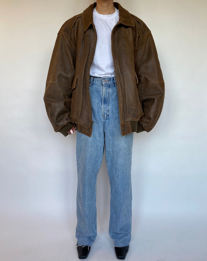 VINTAGE OVERSIZED BROWN BOXY LEATHER JACKET 535