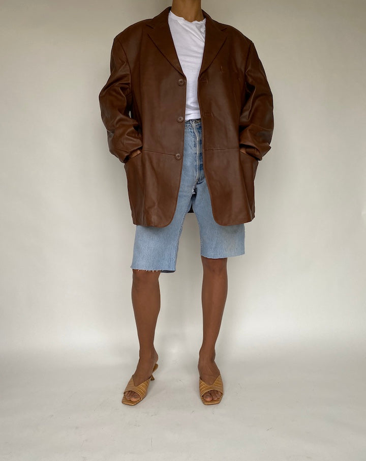 VINTAGE OVERSIZED BROWN LEATHER BLAZER-JACKET 806