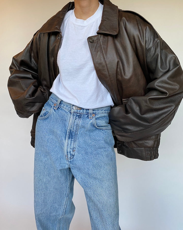 VINTAGE OVERSIZED BROWN LEATHER JACKET 538-2