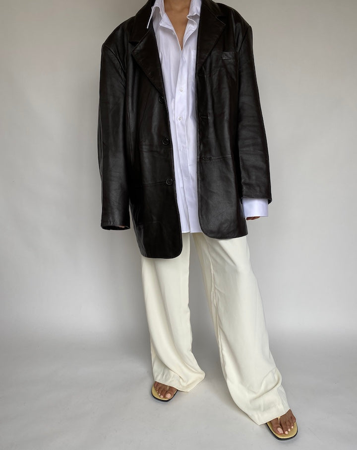 VINTAGE OVERSIZED DARK BROWN BLAZER LEATHER JACKET 639