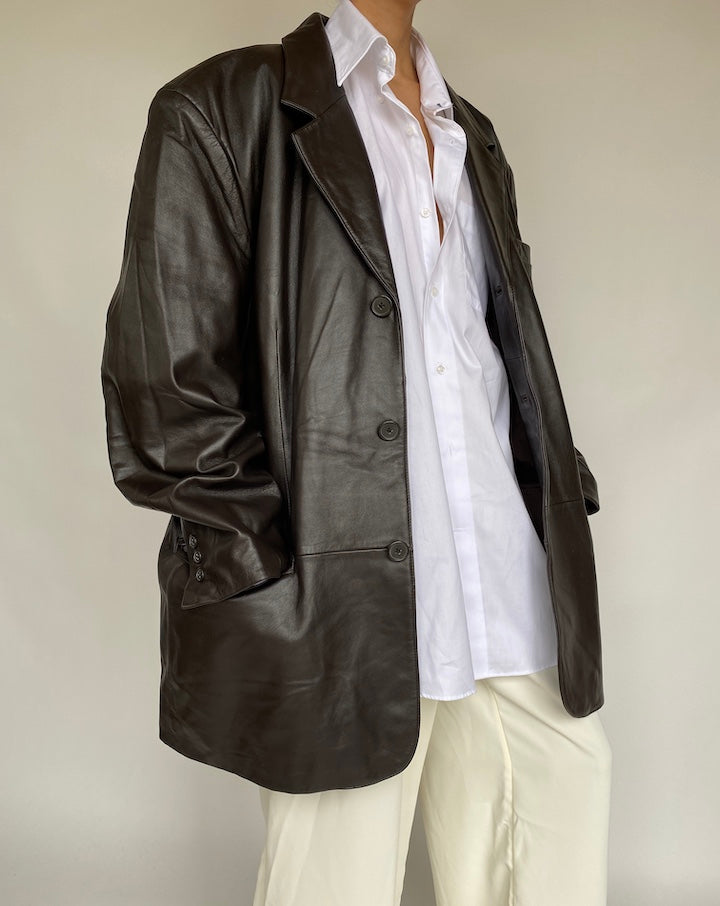 VINTAGE OVERSIZED DARK BROWN BLAZER LEATHER JACKET 639