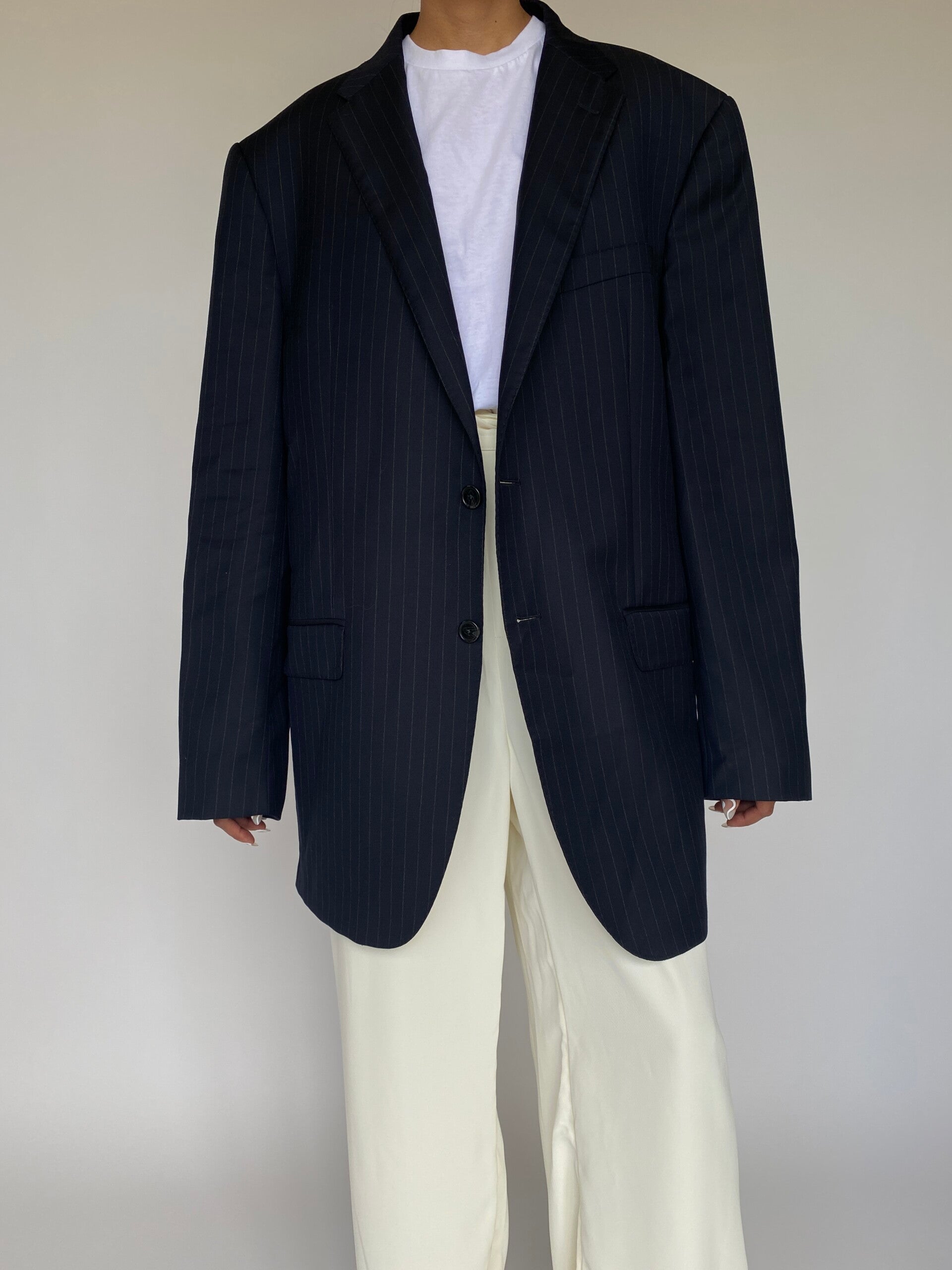 VINTAGE PINSTRIPED NAVY WOOL BLAZER 873