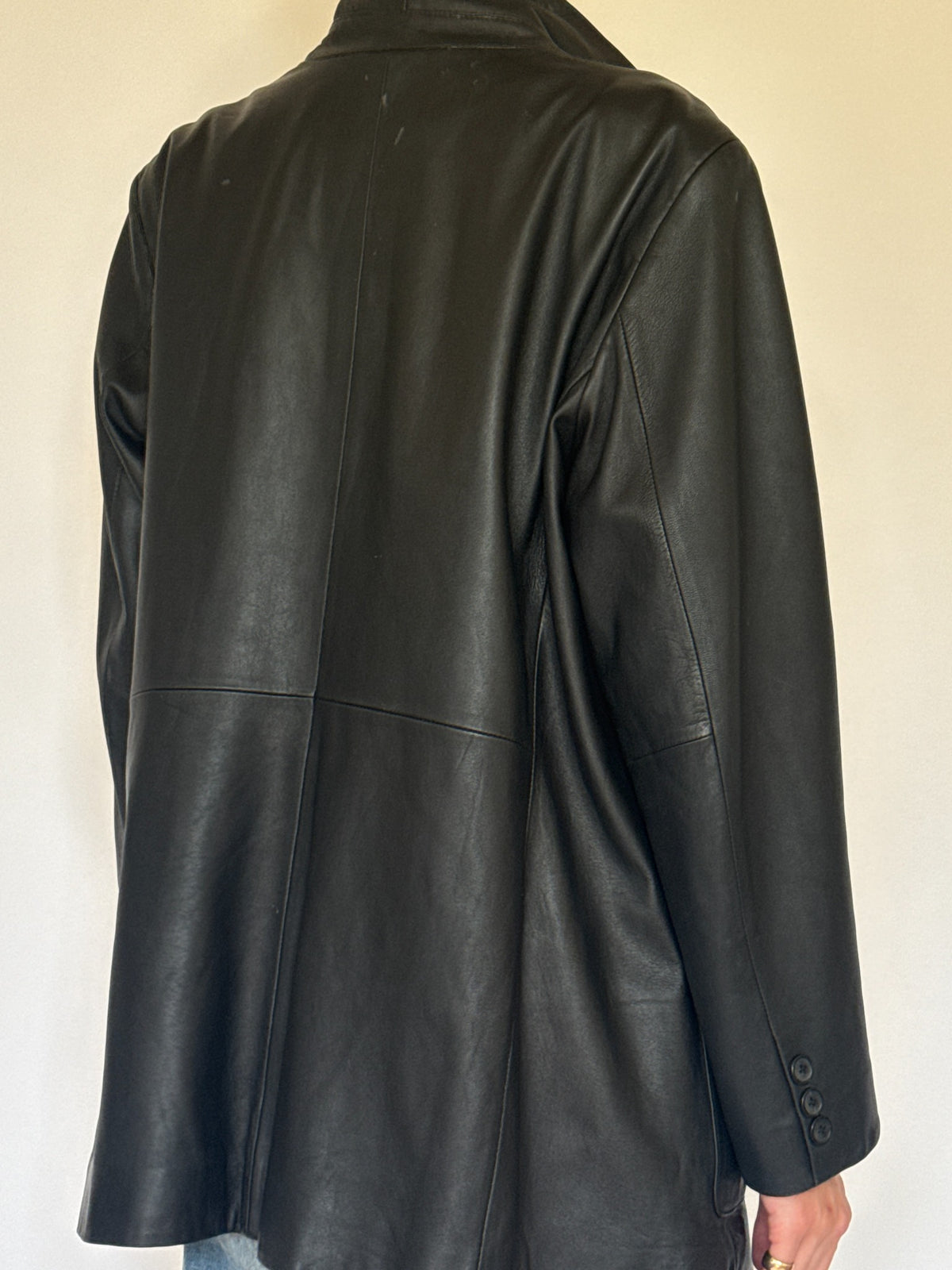 Black leather blazer, modeled view and details
