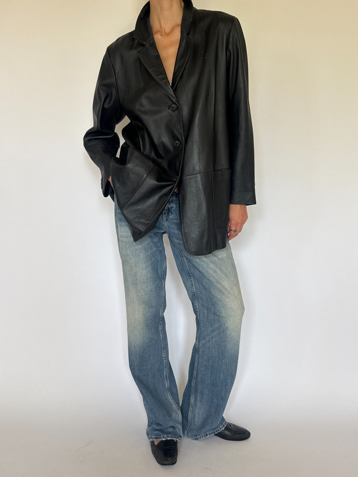 Black leather blazer, modeled view and details