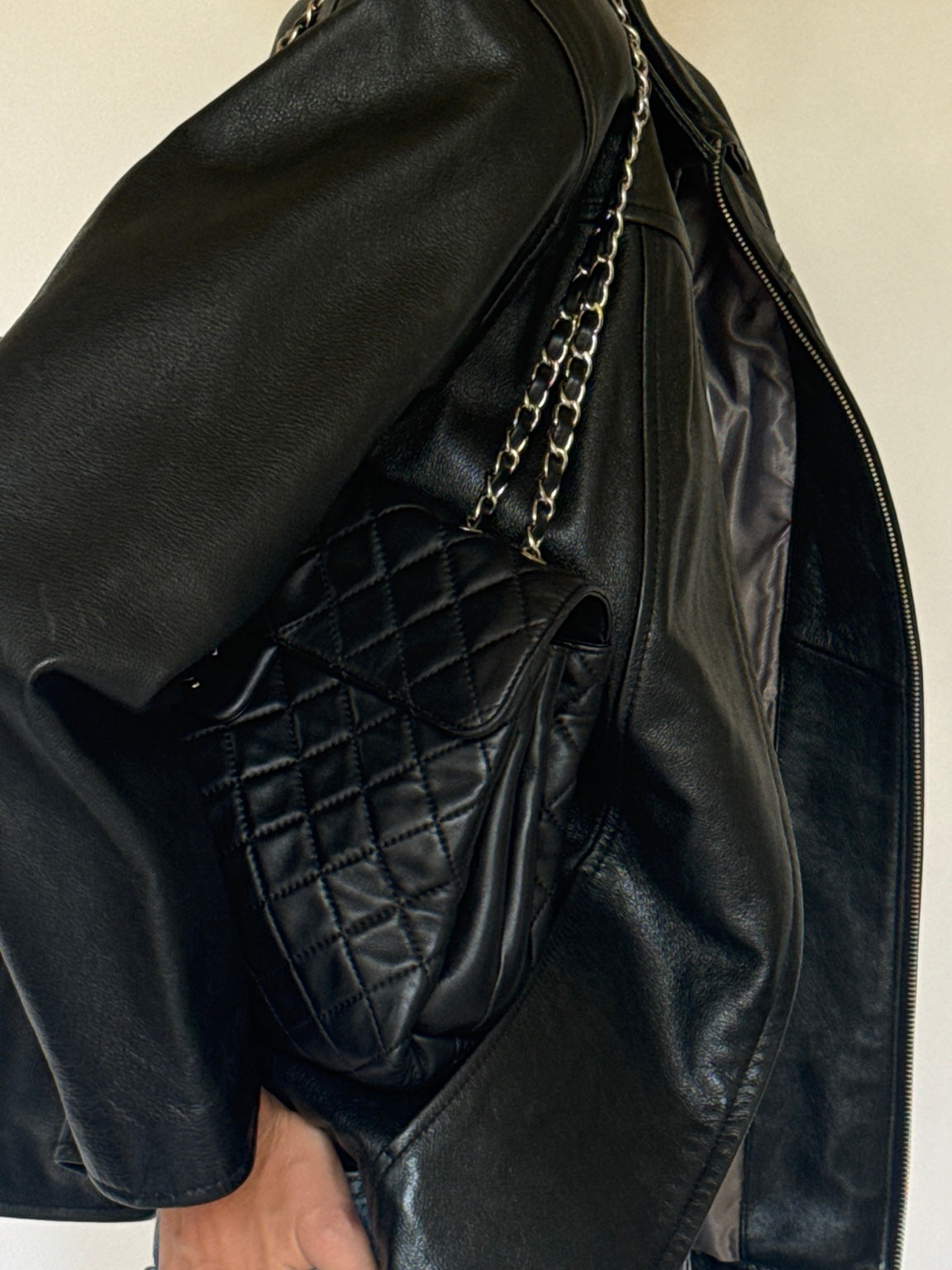Black leather jacket detail
