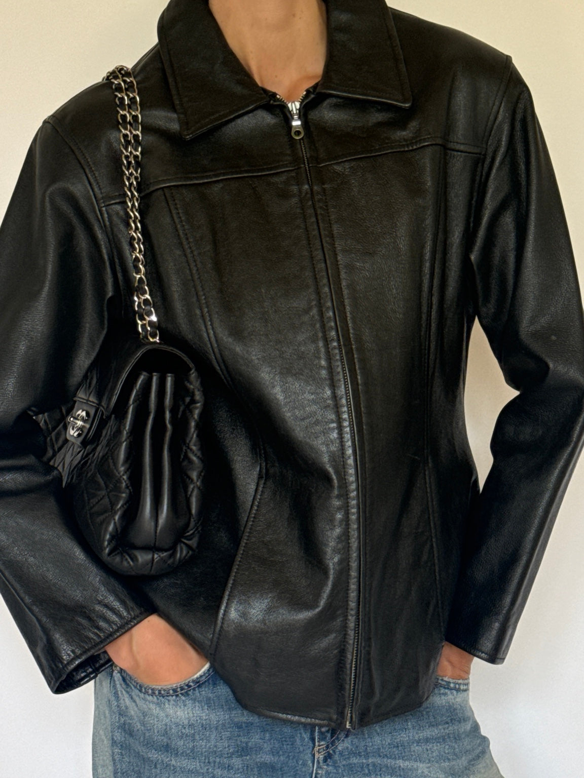 Black leather jacket front detail