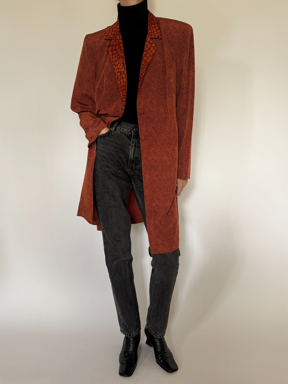 Vintage rust orange patterned longline coat, SKU 8480