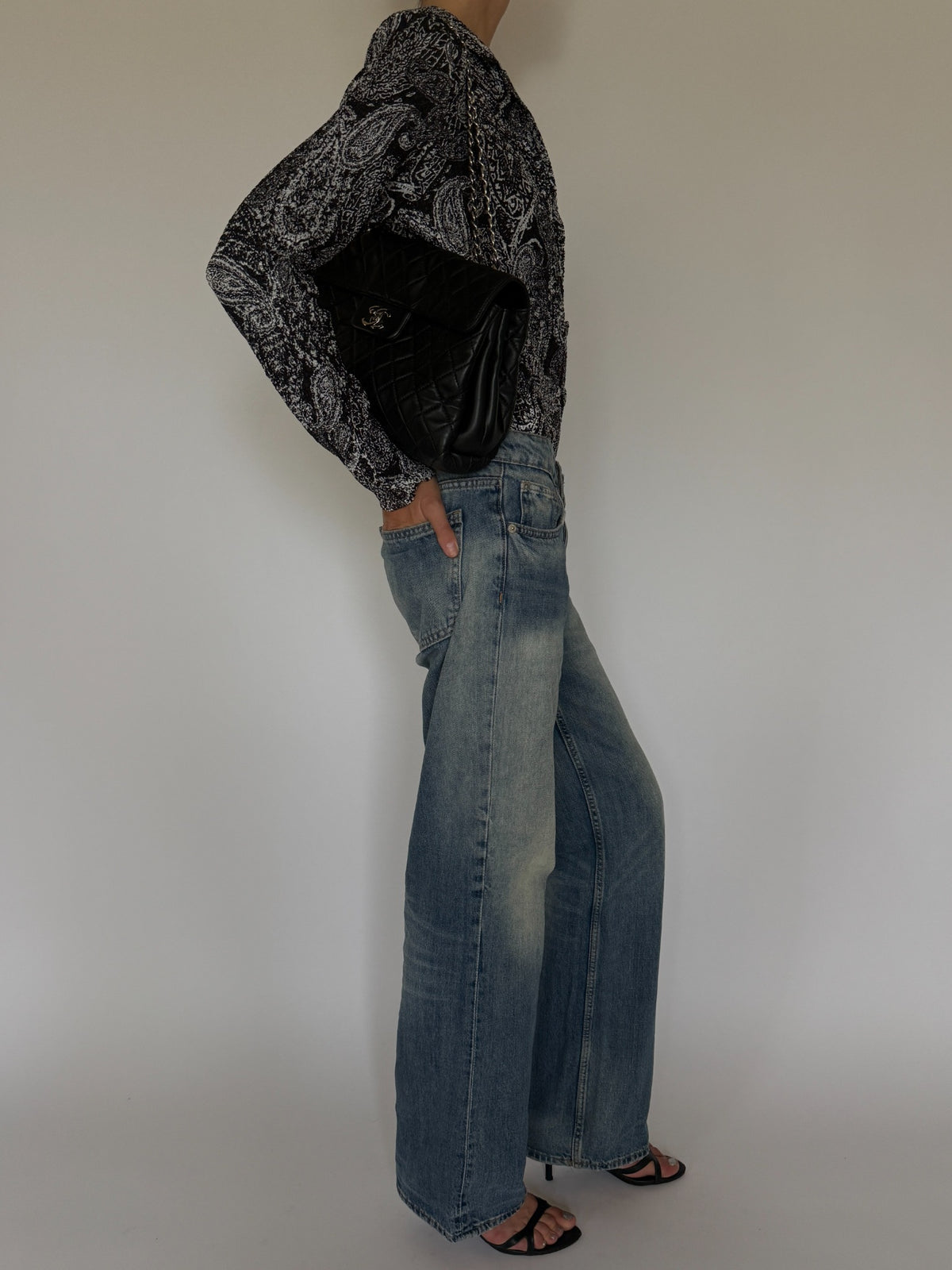 Vintage textured black and white paisley button-front blouse