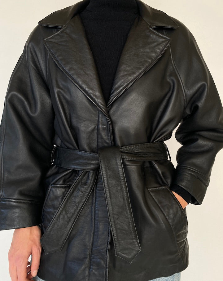 Vintage Black Trench Leather Jacket 5434