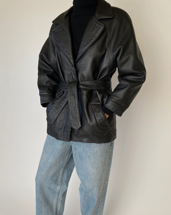 Vintage Black Trench Leather Jacket 5434