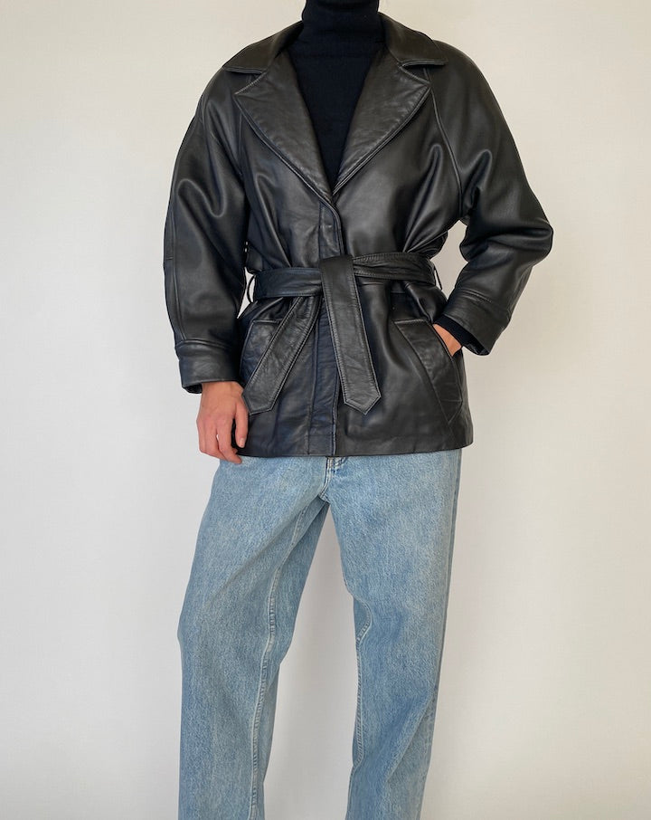 Vintage Black Trench Leather Jacket 5434