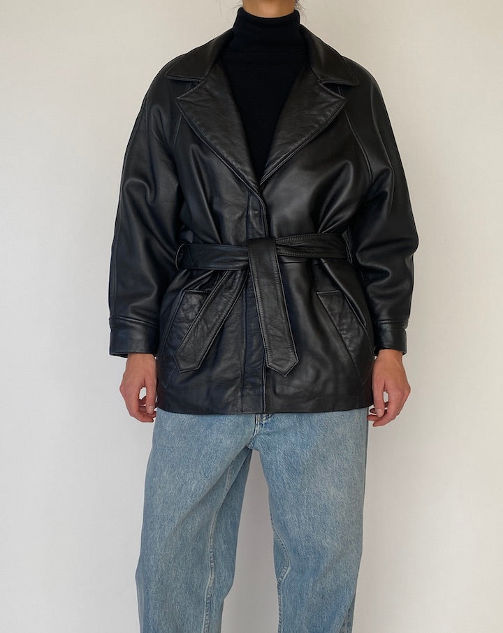 Vintage Black Trench Leather Jacket 5434