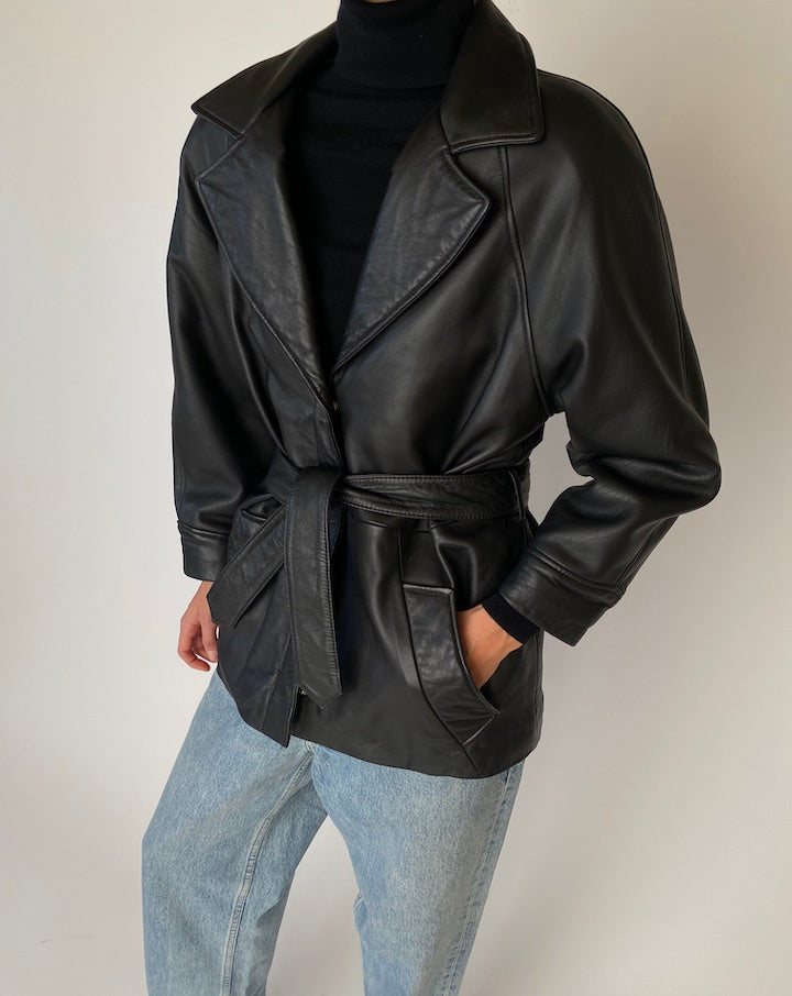 Vintage Black Trench Leather Jacket 5434