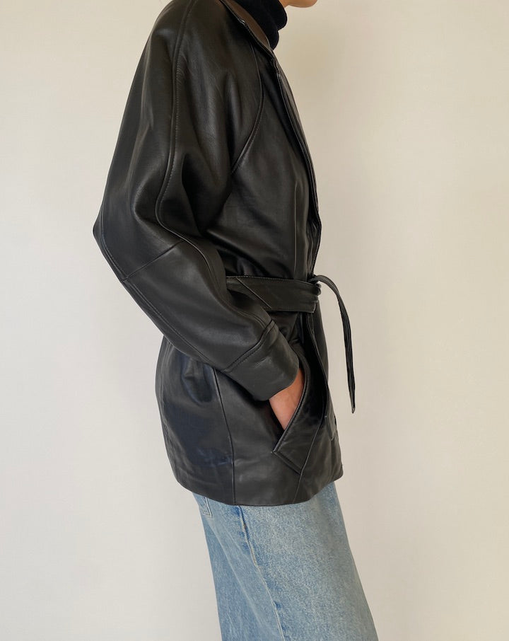 Vintage Black Trench Leather Jacket 5434