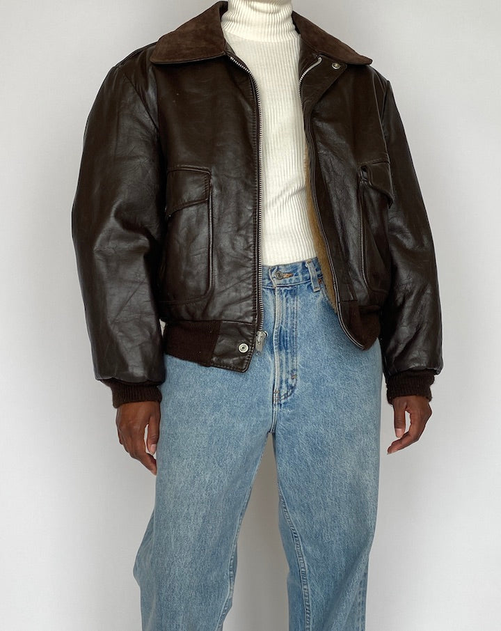 VINTAGE DARK BROWN BOMBER-LIKE LEATHER JACKET 4440