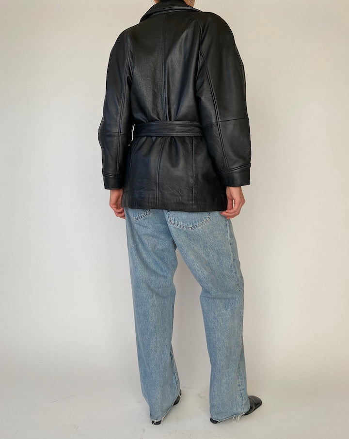 Vintage Black Trench Leather Jacket 5434