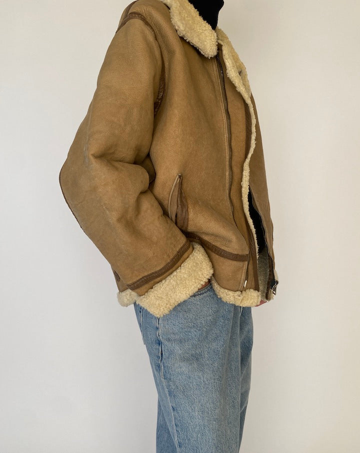 Vintage Beige Shearling Leather Jacket 5262