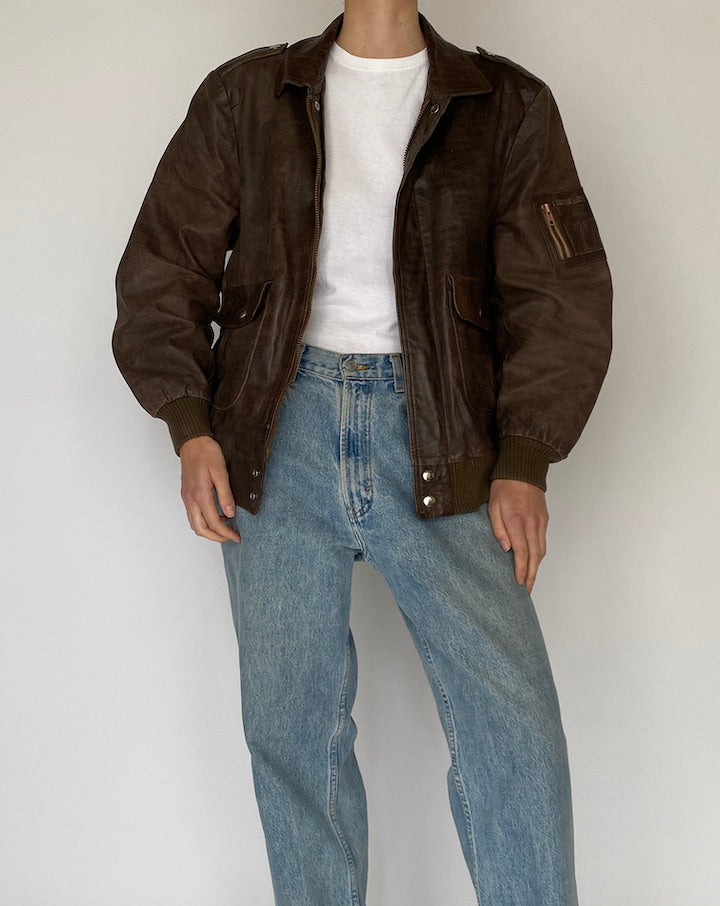 Vintage Bomber Like Leather Jacket in Brown 5464