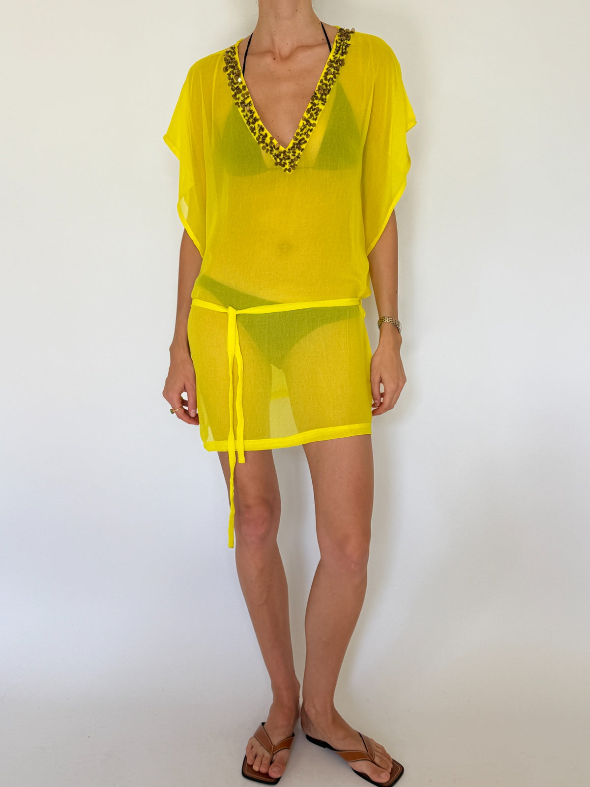 Vintage sheer yellow beaded V-neck tie-waist beach cover-up
