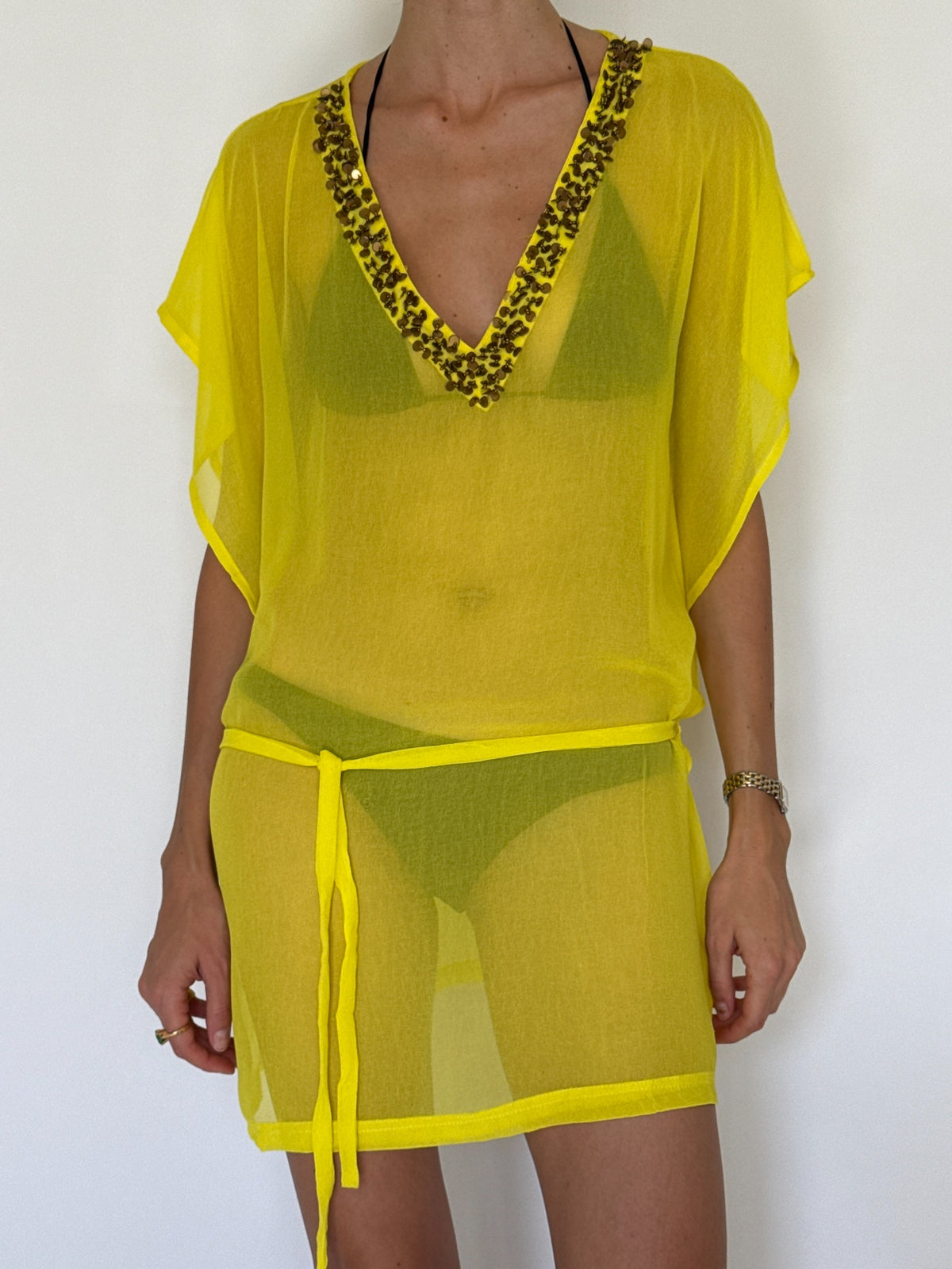 Vintage sheer yellow beaded V-neck tie-waist beach cover-up