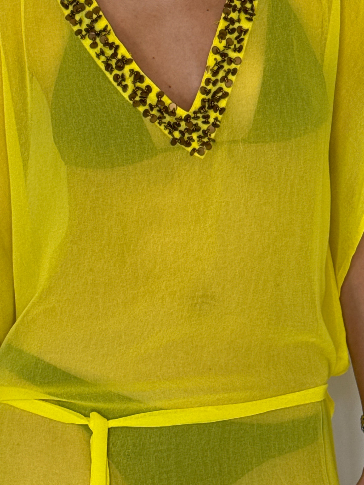 Vintage sheer yellow beaded V-neck tie-waist beach cover-up