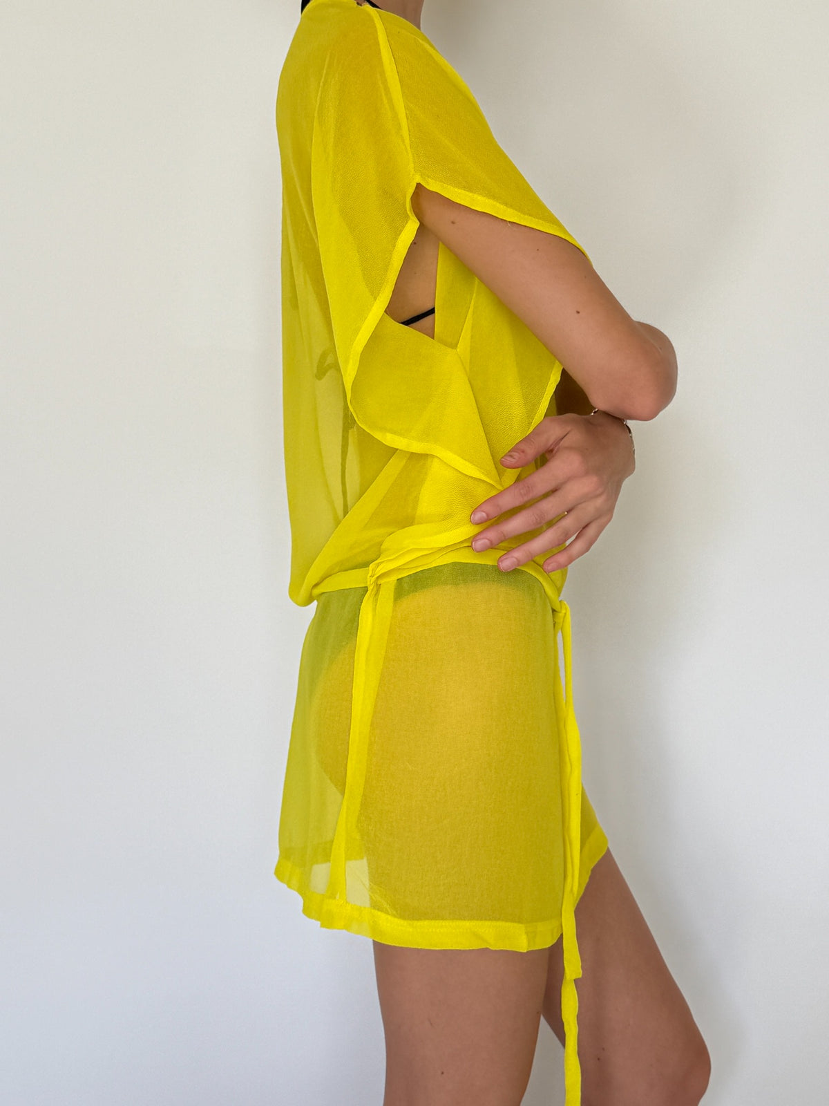 Vintage sheer yellow beaded V-neck tie-waist beach cover-up