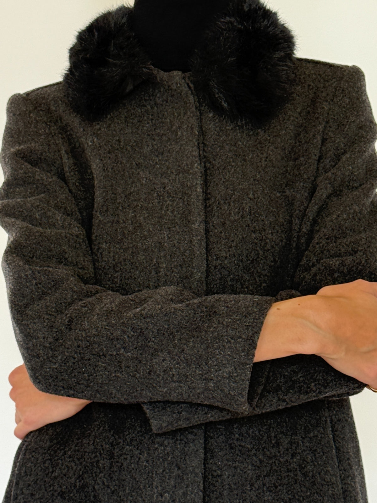 Vintage charcoal gray wool coat black faux fur collar view 2