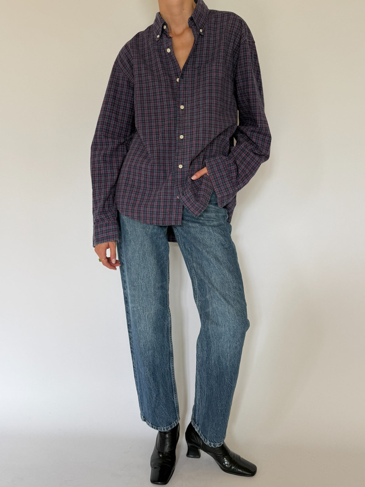 Vintage western-inspired navy and red plaid cotton shirt view 6