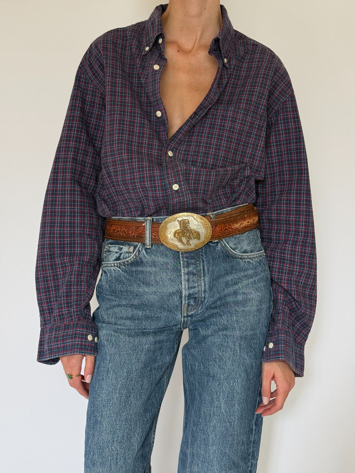 Vintage western-inspired navy and red plaid cotton shirt view 7