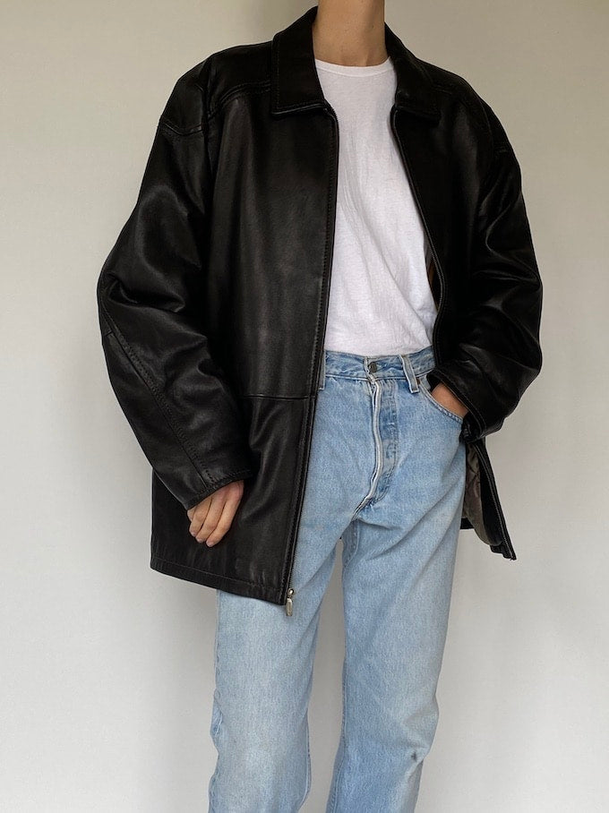 Vintage oversized leather jacket in black 5602