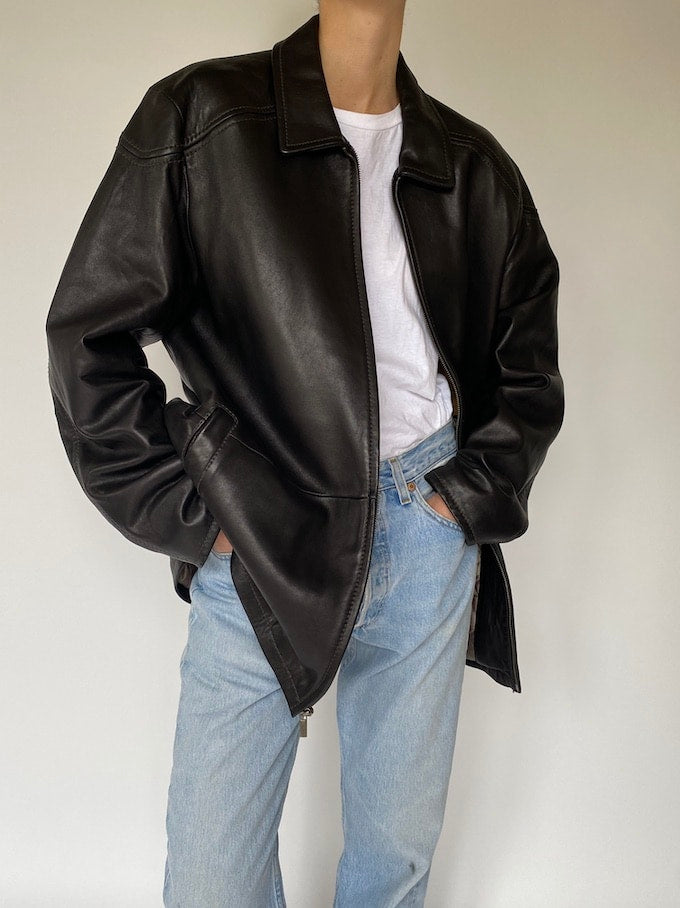 Vintage oversized leather jacket in black 5602