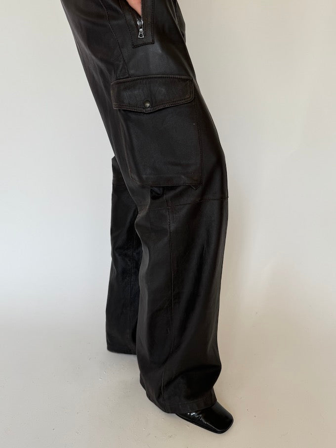 Vintage wide leather pants in dark brown 5760
