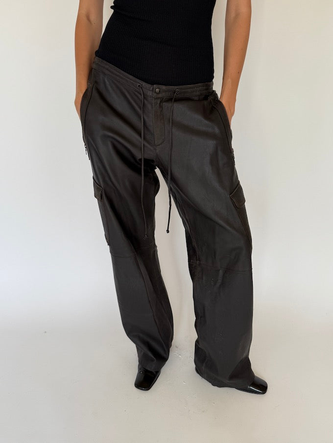 Vintage wide leather pants in dark brown 5760