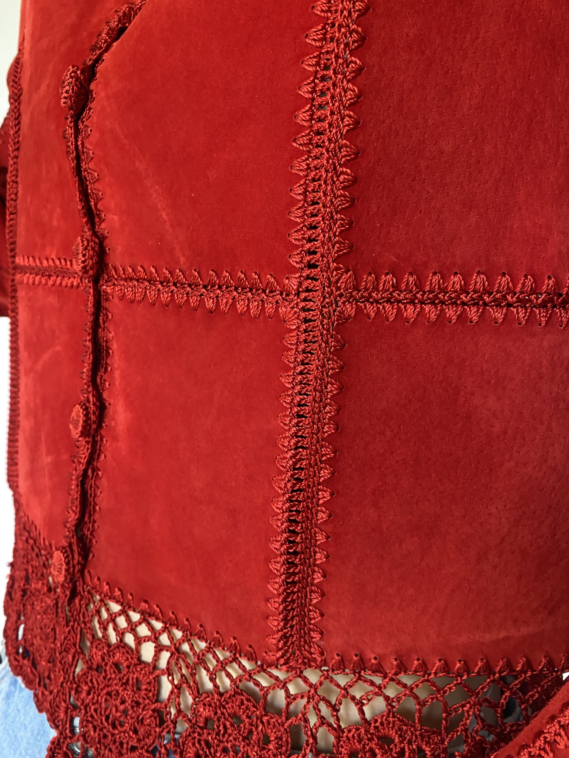 Vintage red suede crochet jacket 0005
