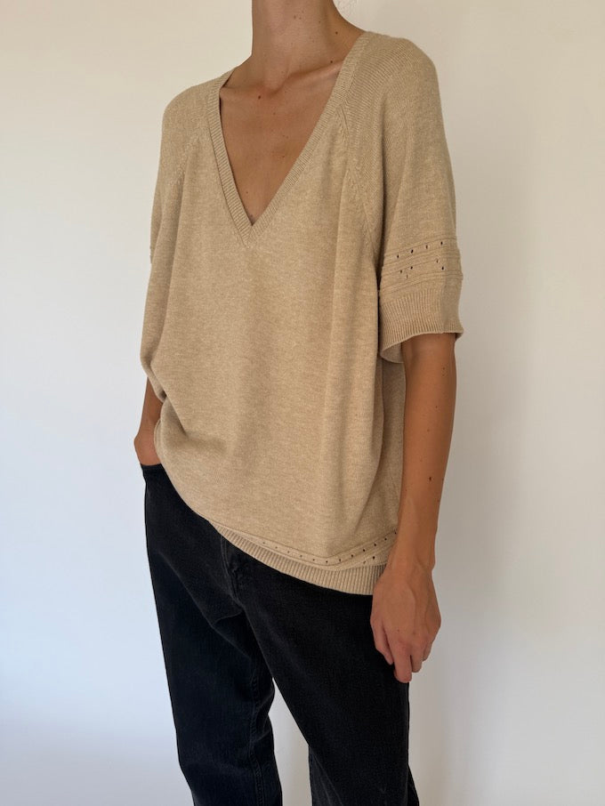 Vintage Beige Short Sleeve Knit Top 5330