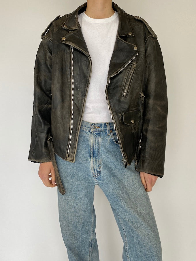 Vintage distressed biker jacket in black 5452