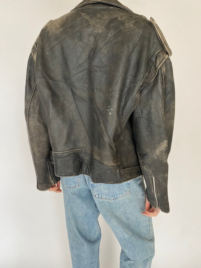 Vintage distressed biker jacket in black 5452