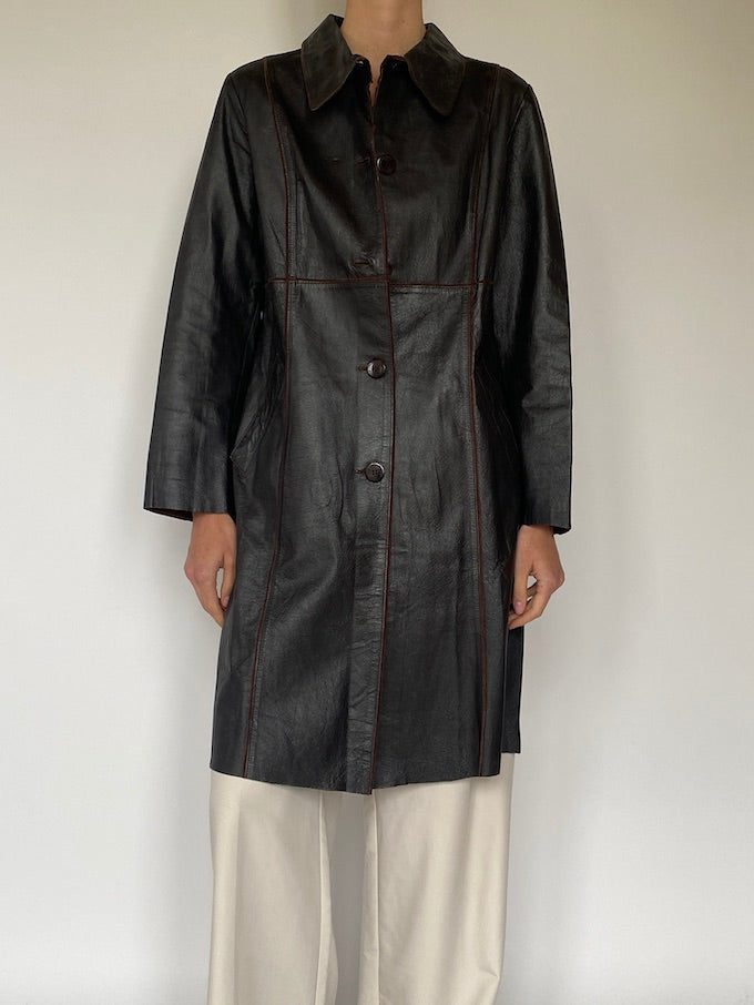 Vintage long leather coat in chocolate brown 5628