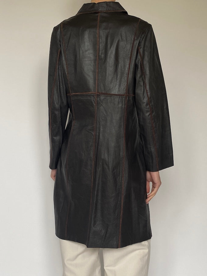 Vintage long leather coat in chocolate brown 5628