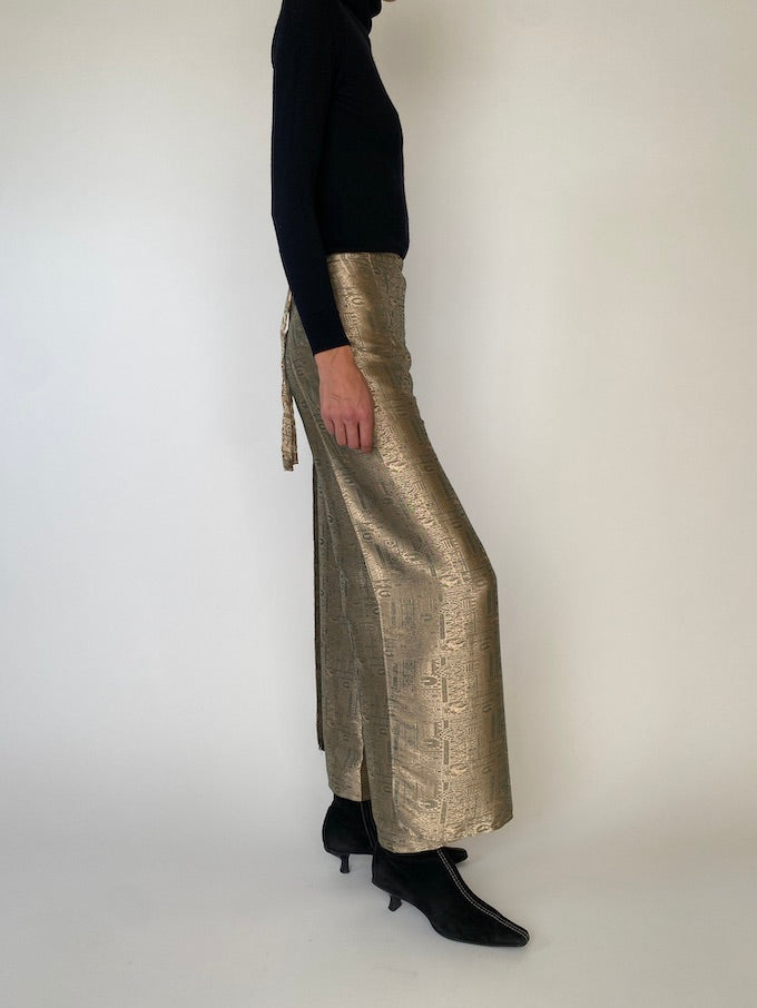 Vintage gold metallic waist-tie wrap pants 4807