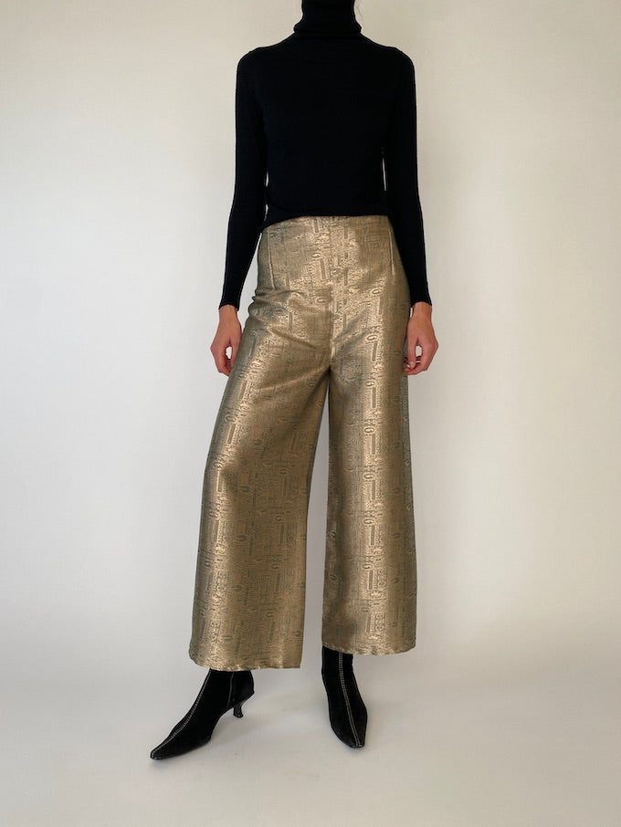 Vintage gold metallic waist-tie wrap pants 4807