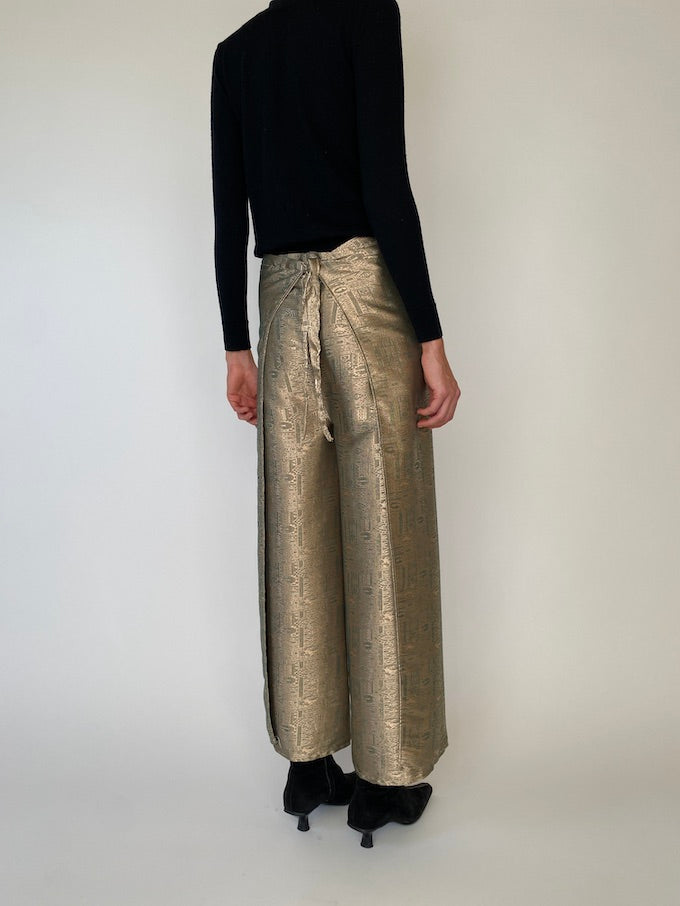 Vintage gold metallic waist-tie wrap pants 4807