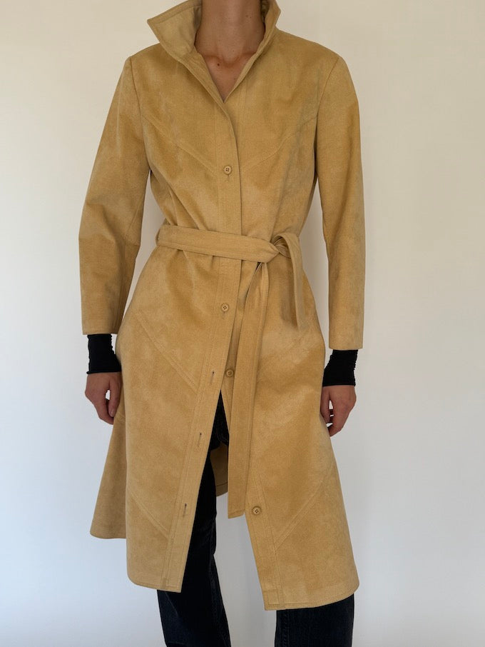 Vintage faux suede long trench coat in beige 5753