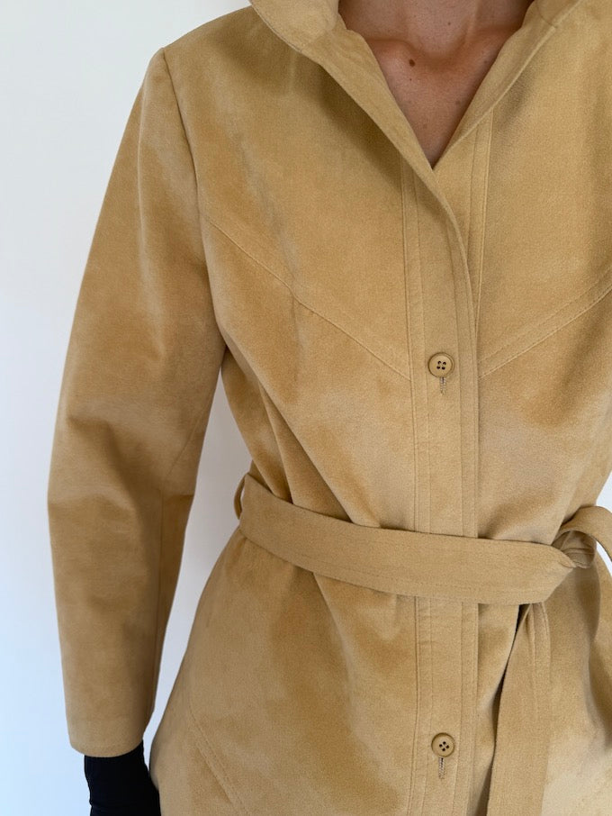 Vintage faux suede long trench coat in beige 5753